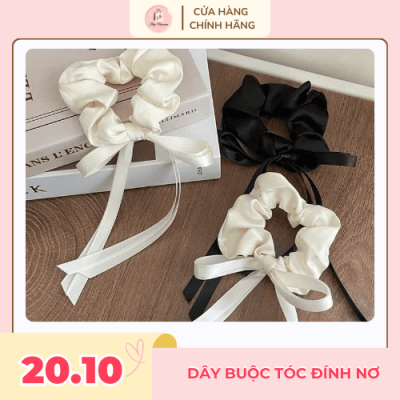 Dây buộc tóc scrunchies lụa đính kèm nơ ruy băng