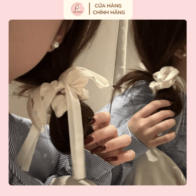 Dây buộc tóc scrunchies lụa đính kèm nơ ruy băng