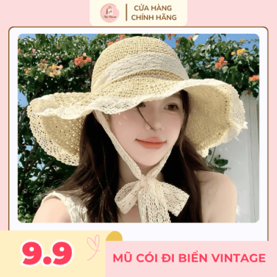 Mũ cói đi biển vintage dáng rộng vành kèm dây ren nữ tính