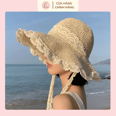 Mũ cói đi biển vintage dáng rộng vành kèm dây ren nữ tính