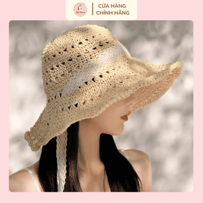 Mũ cói đi biển vintage dáng rộng vành kèm dây ren nữ tính