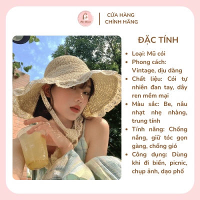 Mũ cói đi biển vintage dáng rộng vành kèm dây ren nữ tính
