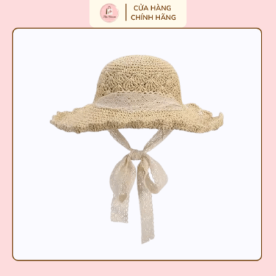 Mũ cói đi biển vintage dáng rộng vành kèm dây ren nữ tính