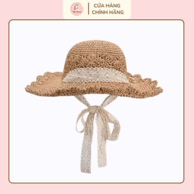 Mũ cói đi biển vintage dáng rộng vành kèm dây ren nữ tính