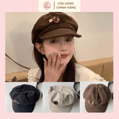 Mũ nồi nữ vintage vải nhung tăm kèm nút gỗ trang trí