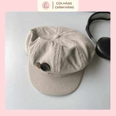 Mũ nồi nữ vintage vải nhung tăm kèm nút gỗ trang trí