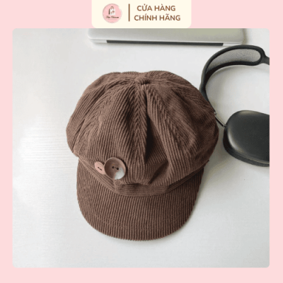 Mũ nồi nữ vintage vải nhung tăm kèm nút gỗ trang trí