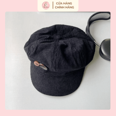 Mũ nồi nữ vintage vải nhung tăm kèm nút gỗ trang trí