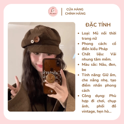 Mũ nồi nữ vintage vải nhung tăm kèm nút gỗ trang trí