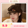 Mũ nồi nữ vintage vải nhung tăm kèm nút gỗ trang trí