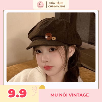 Mũ nồi nữ vintage vải nhung tăm kèm nút gỗ trang trí