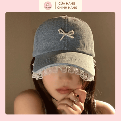 Mũ lưỡi trai denim nơ trắng phong cách tiểu thư Hàn Quốc