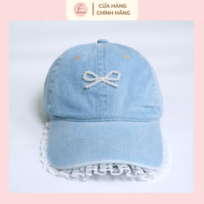 Mũ lưỡi trai denim nơ trắng phong cách tiểu thư Hàn Quốc