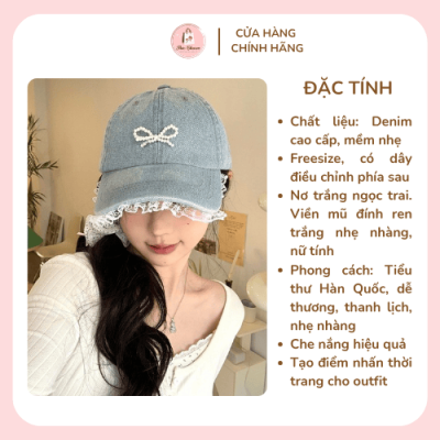 Mũ lưỡi trai denim nơ trắng phong cách tiểu thư Hàn Quốc