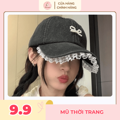 Mũ lưỡi trai denim nơ trắng phong cách tiểu thư Hàn Quốc