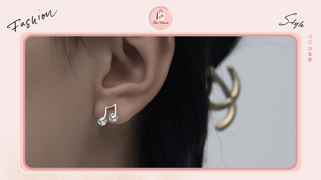 Bông tai bạc nữ hình nốt nhạc CZ bất đối xứng cá tính
