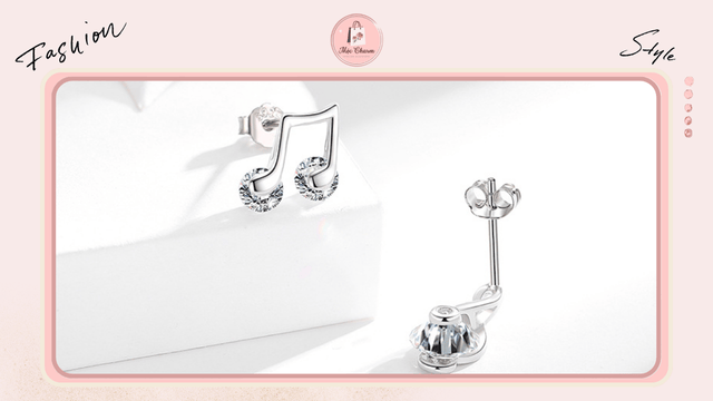 Bông tai bạc nữ hình nốt nhạc CZ bất đối xứng cá tính