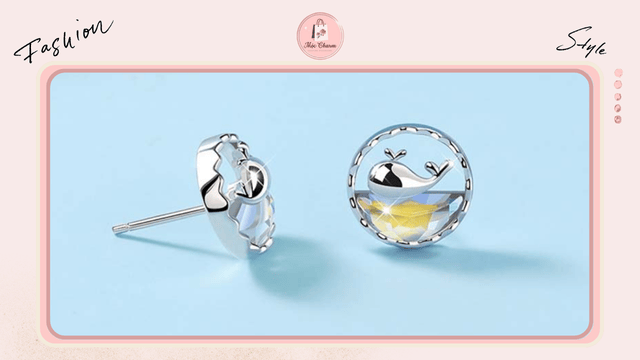 Khuyên tai bạc nữ đính pha lê Aurora cá voi và biển cả 