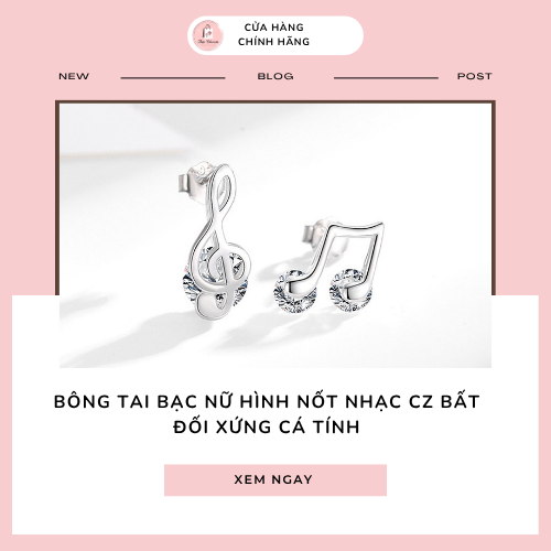 Bông tai bạc nữ hình nốt nhạc CZ bất đối xứng cá tính