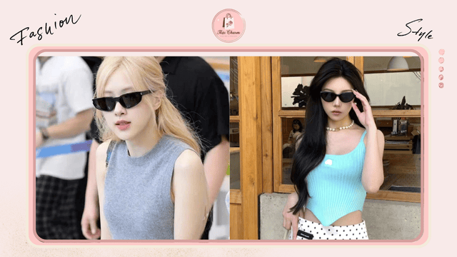 Cận cảnh mẫu kính mắt mèo đeo trên gương mặt tròn, phối với outfit hè năng động