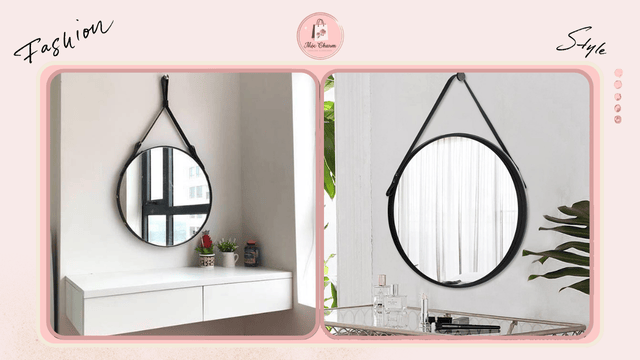 Gương tròn treo dây da được bố trí trong phòng khách phong cách công nghiệp
