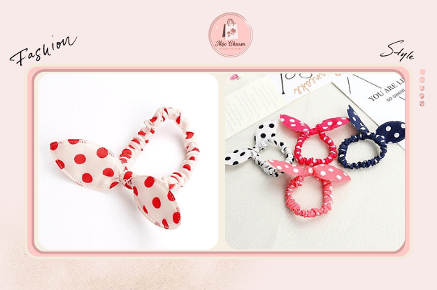 Hình ảnh dây buộc tóc tai thỏ họa tiết chấm bi