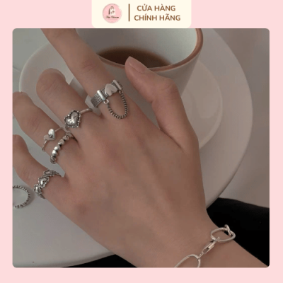 set nhẫn trái tim phong cách unisex
